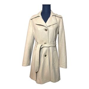 Kenneth Cole New York | Tan wool blend belted knee length coat | Gold buttons